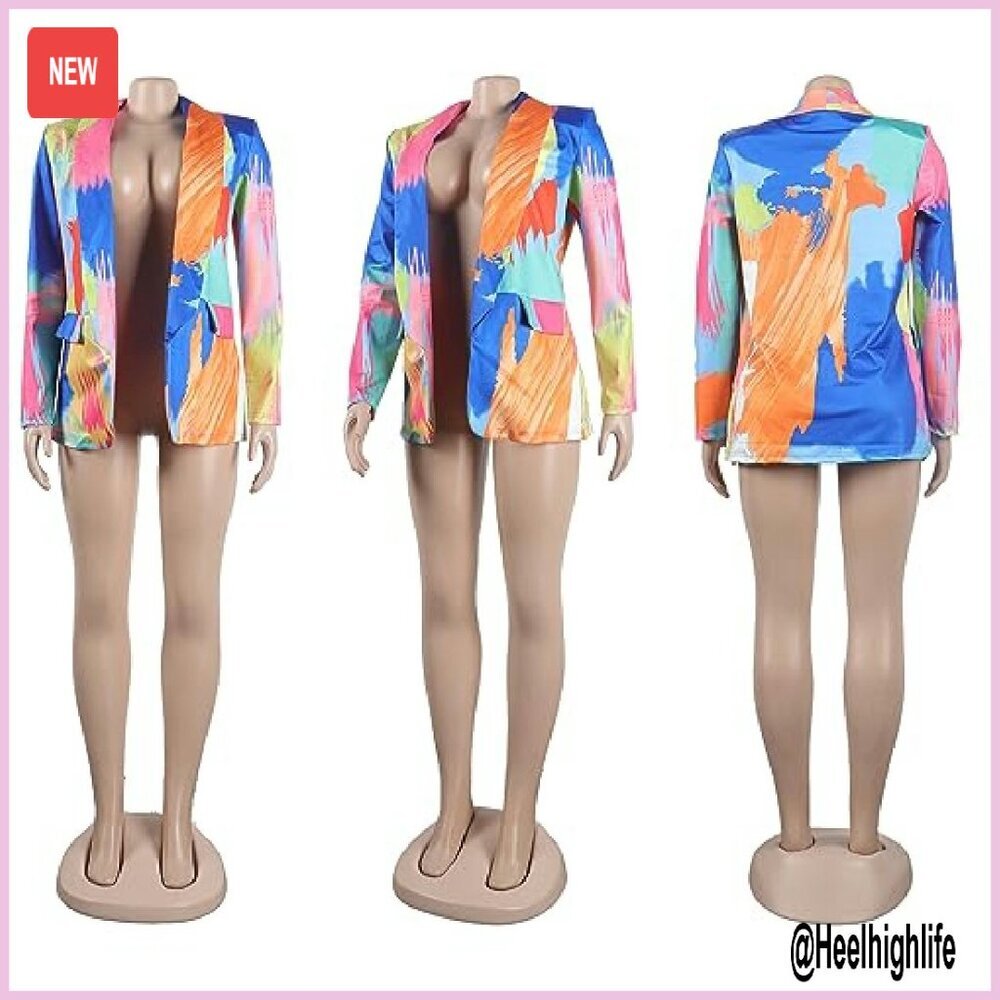 Polyester Blend Printed Blazer Open Front Long Sleeve Casual Wear - Picture 4 of 6